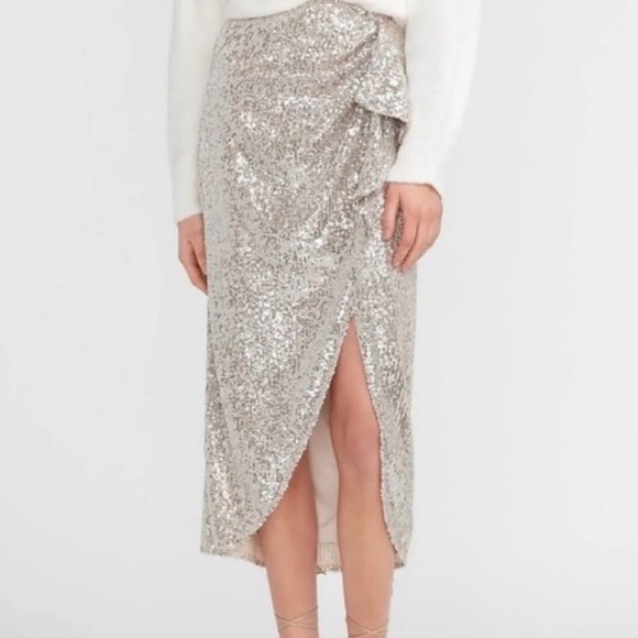 Express Dresses & Skirts - Express Gold Sequin Midi Skirt With Ruffle Detail and Slit XS